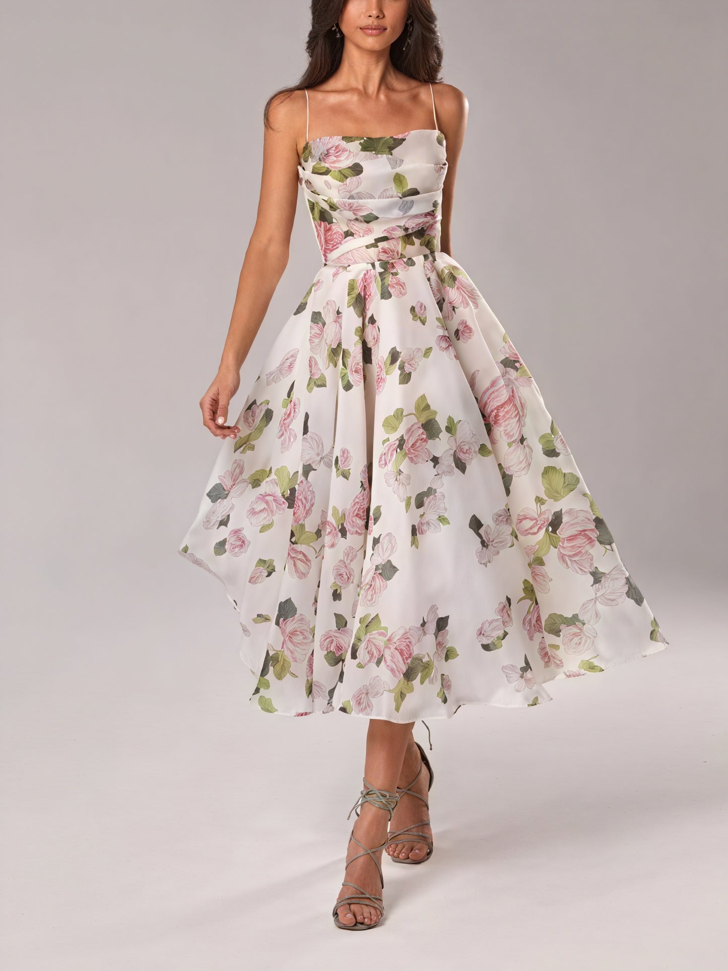 Women's Midi Dress – Floral Print, A-Line, Spaghetti Strap, Silk Blend-83172-e858f1b5-95fc-4994-9e78-b32d59a44b25