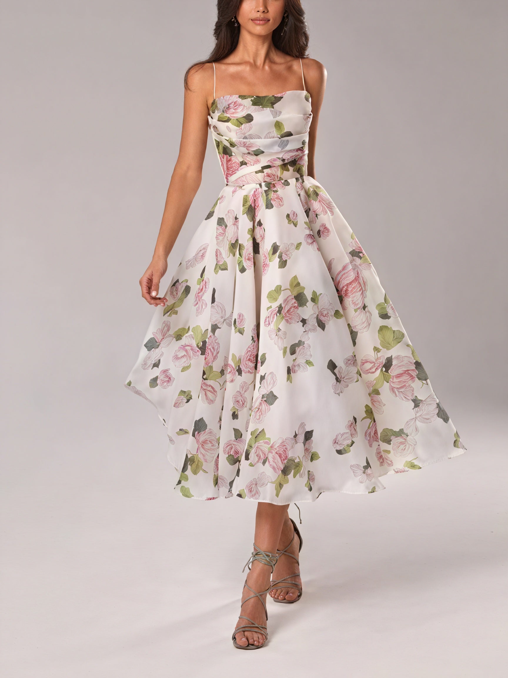 Women's Midi Dress – Floral Print, A-Line, Spaghetti Strap, Silk Blend-83172-e858f1b5-95fc-4994-9e78-b32d59a44b25