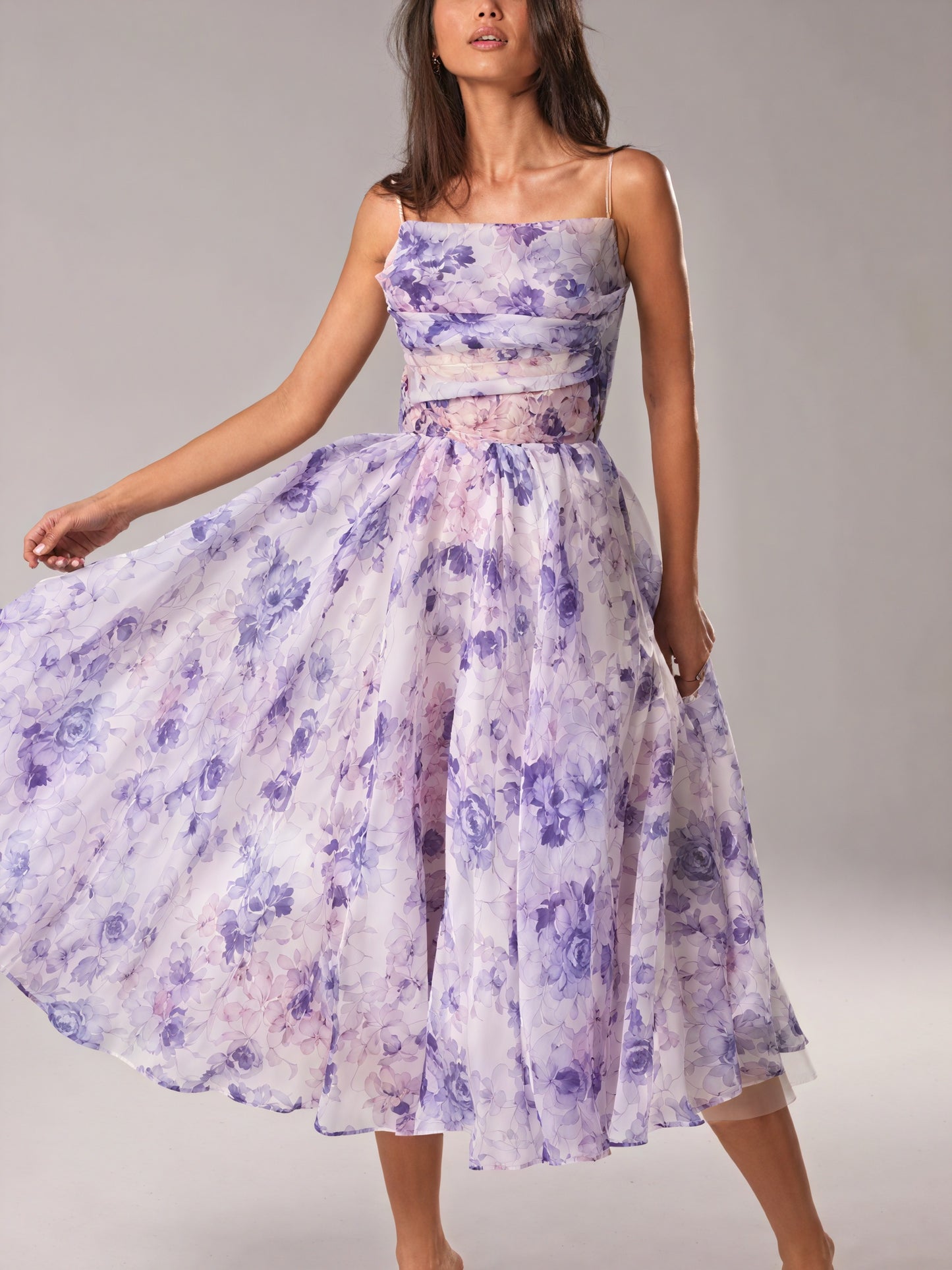 Women's Midi Dress – Floral Print, A-Line, Spaghetti Strap, Silk Blend-83172-16521eaa-e884-496b-90f7-6f66344c4f3c