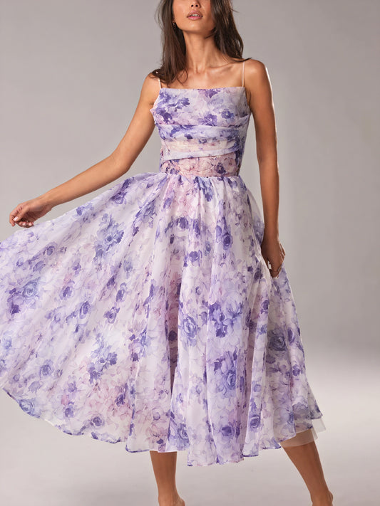 Women's Midi Dress – Floral Print, A-Line, Spaghetti Strap, Silk Blend-83172-16521eaa-e884-496b-90f7-6f66344c4f3c