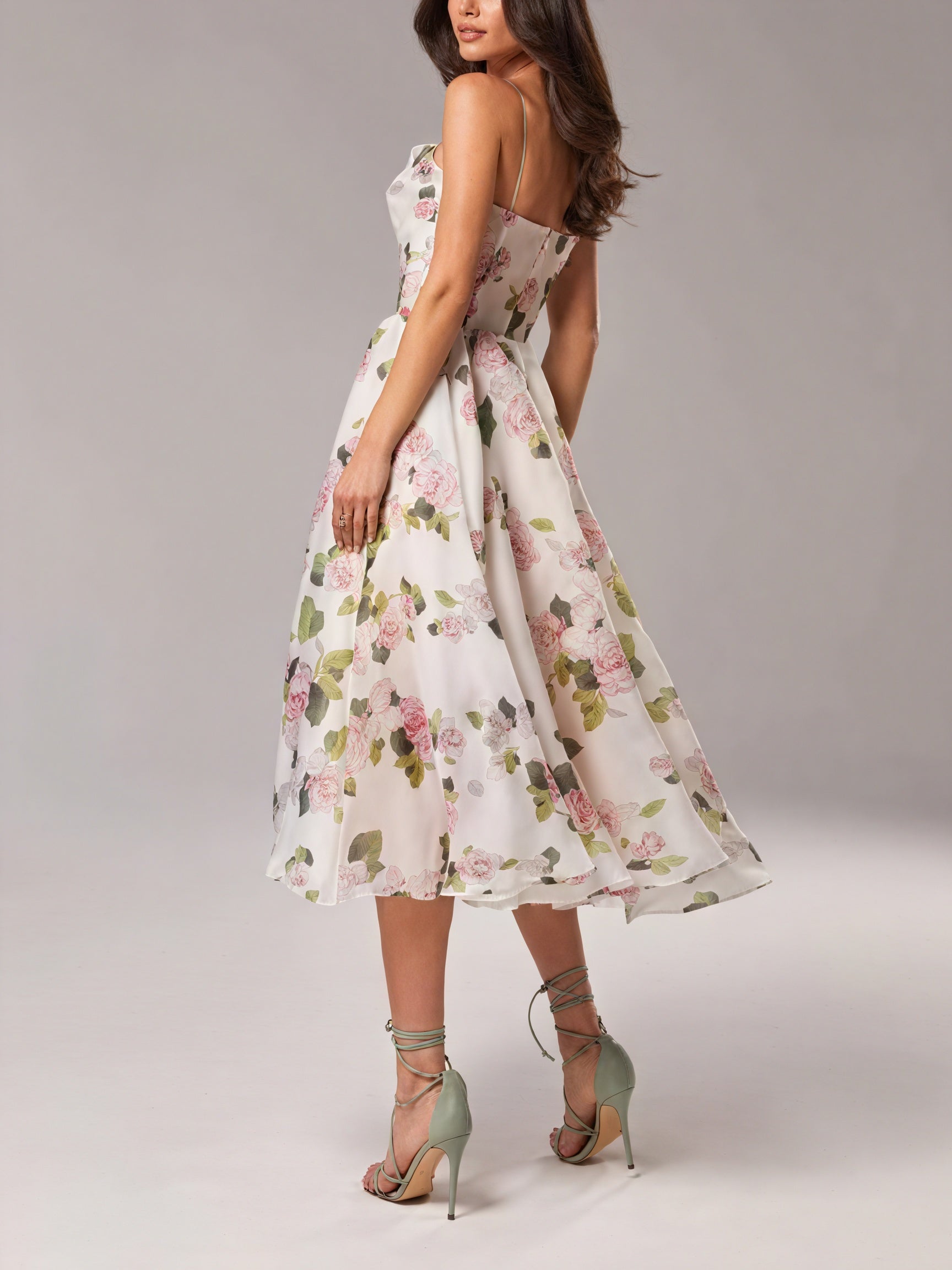 Women's Midi Dress – Floral Print, A-Line, Spaghetti Strap, Silk Blend-83172-7859bb37-6381-4679-b87f-38c74664ecbd