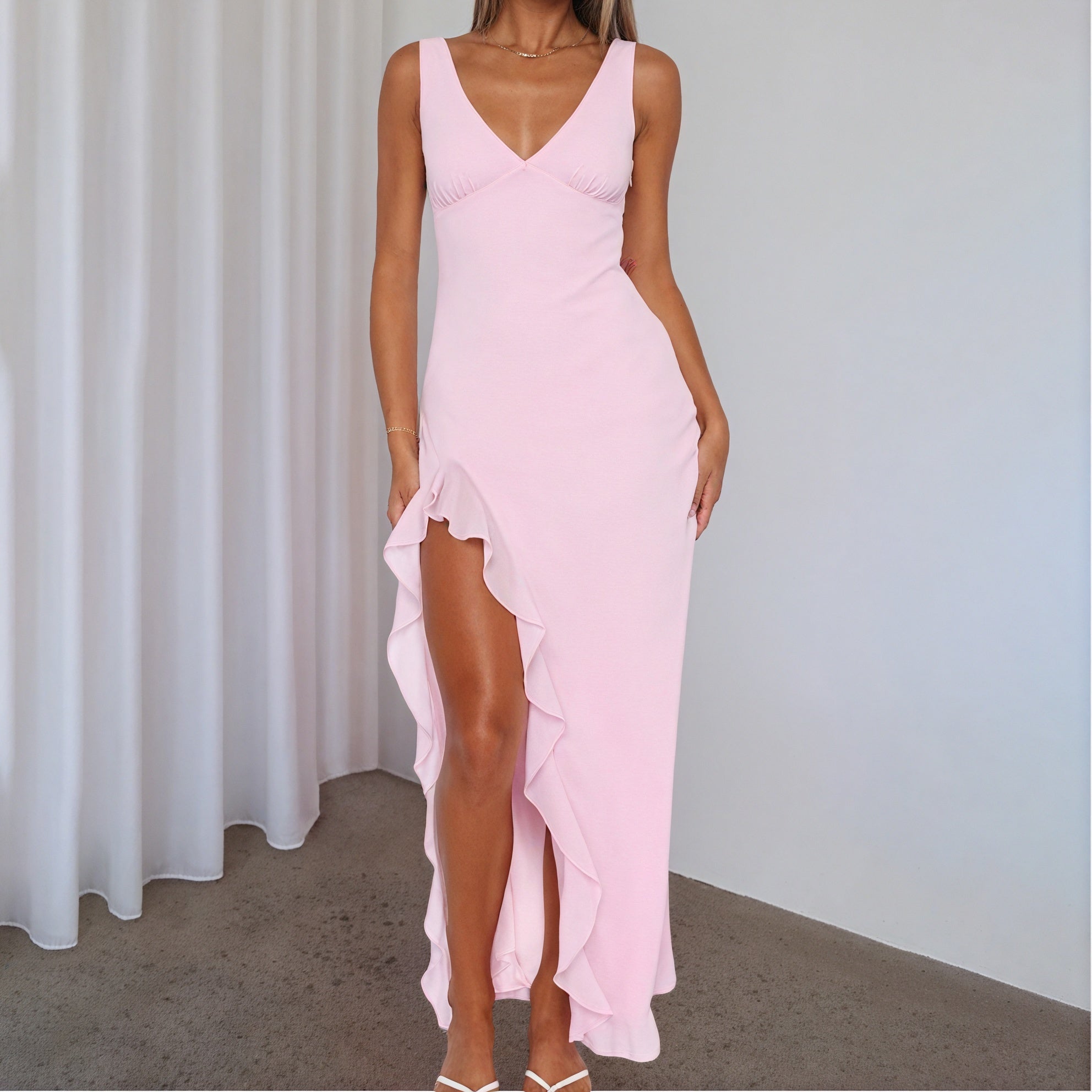 Women's Maxi Dress – Flowing V-Neck, High Ruffled Slit, Sleeveless, Silk Blend, Elegant-83177-6f4ceff7-10a5-4dd7-8ec0-3681f032fc12