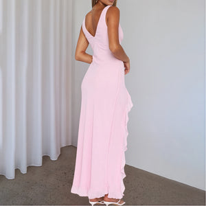 Women's Maxi Dress – Flowing V-Neck, High Ruffled Slit, Sleeveless, Silk Blend, Elegant-83177-75d340a3-8a72-4957-8535-c651739cef88