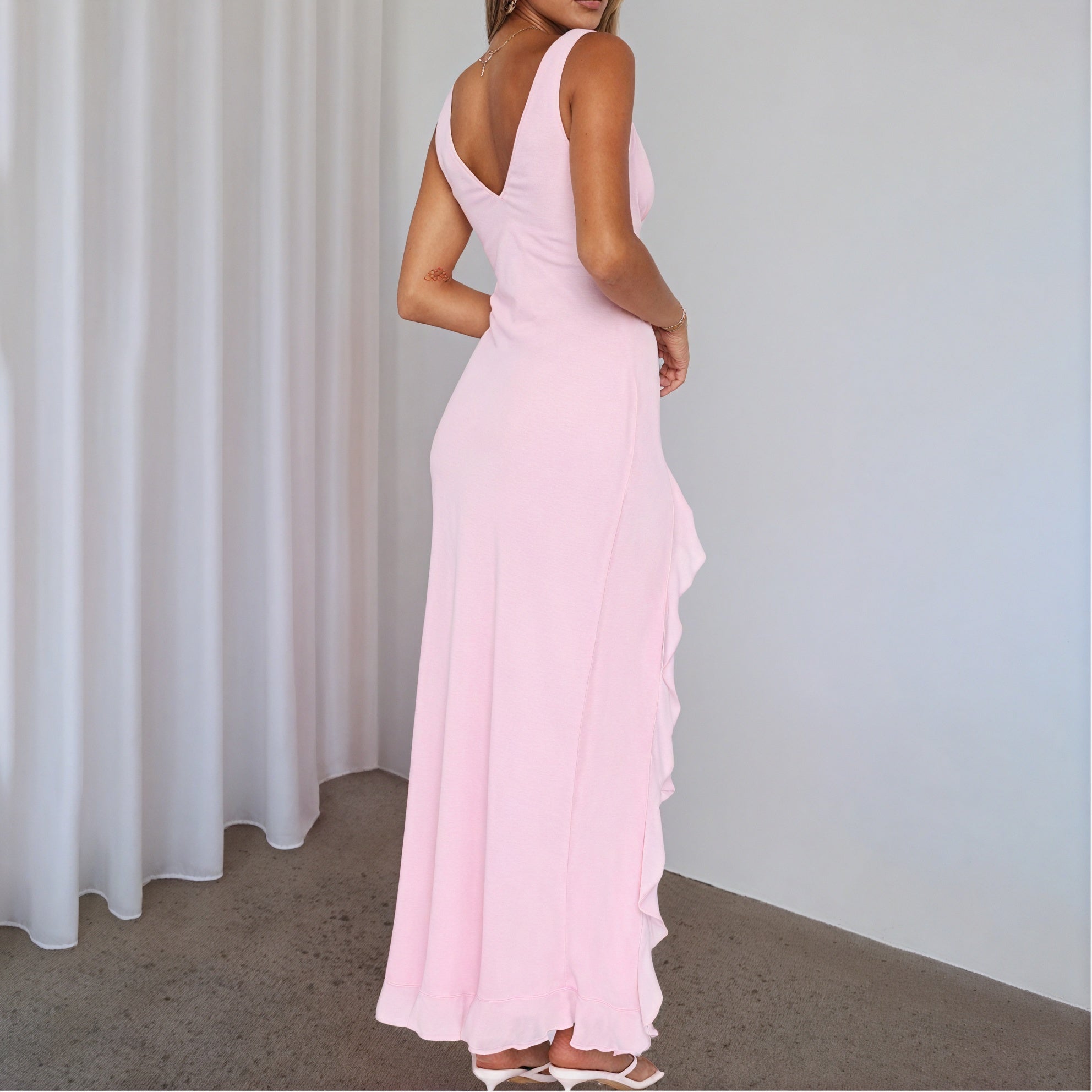 Women's Maxi Dress – Flowing V-Neck, High Ruffled Slit, Sleeveless, Silk Blend, Elegant-83177-75d340a3-8a72-4957-8535-c651739cef88