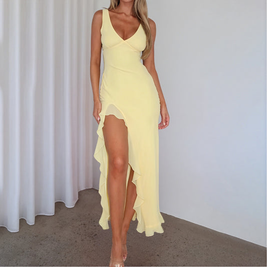 Women's Maxi Dress – Flowing V-Neck, High Ruffled Slit, Sleeveless, Silk Blend, Elegant-83177-6dcacfb5-8eec-4ac9-865c-35e7e19c80a5