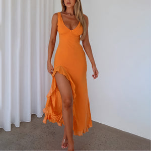 Women's Maxi Dress – Flowing V-Neck, High Ruffled Slit, Sleeveless, Silk Blend, Elegant-83177-beee85e8-b9a9-48e3-8ed0-7285b66b2952