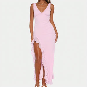 Women's Maxi Dress – Flowing V-Neck, High Ruffled Slit, Sleeveless, Silk Blend, Elegant-83177-02588445-b69b-4595-aed0-9713941877dc