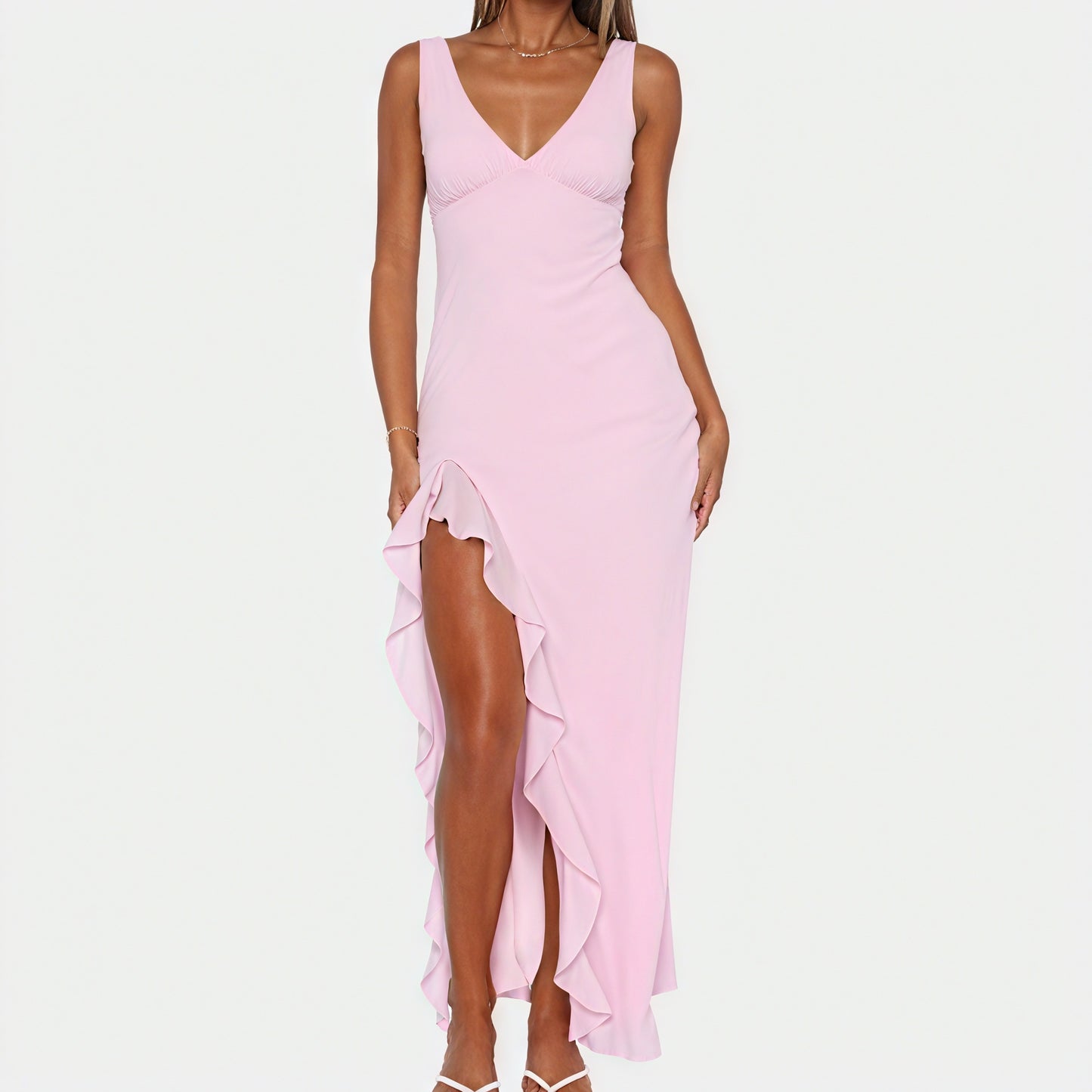 Women's Maxi Dress – Flowing V-Neck, High Ruffled Slit, Sleeveless, Silk Blend, Elegant-83177-02588445-b69b-4595-aed0-9713941877dc