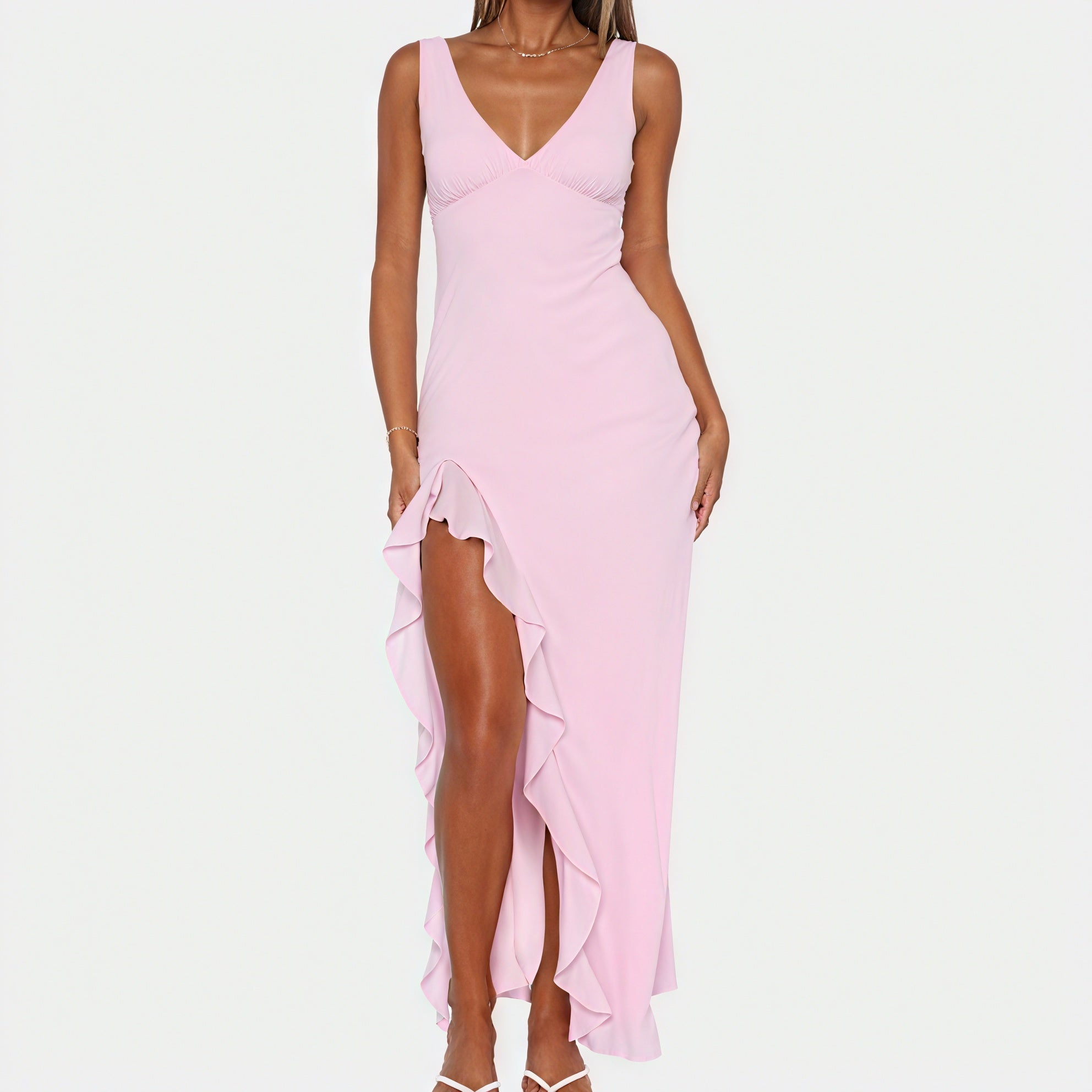 Women's Maxi Dress – Flowing V-Neck, High Ruffled Slit, Sleeveless, Silk Blend, Elegant-83177-02588445-b69b-4595-aed0-9713941877dc