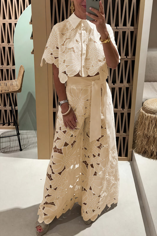 Women's Two-Piece Set – Laser-Cut Floral, Wide-Leg Pants, Collared Top, Beige/Blue/Cream, Natural Fibers-83178-20a7b25b-89de-438f-8783-532e0c9ee951