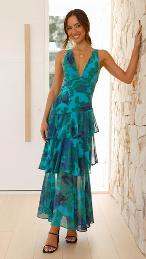 Women's Floral Maxi Dress – Deep V-Neck, Tiered Ruffle Skirt, Bohemian Chic-83179-0964cab9-93f0-4dc8-abd1-186b66705876