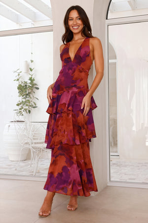 Women's Floral Maxi Dress – Deep V-Neck, Tiered Ruffle Skirt, Bohemian Chic-83179-7e50feed-919b-4bef-ad98-7137768affea