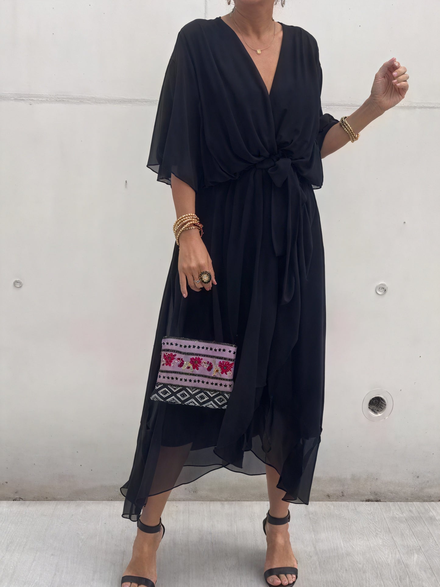 Women's Flowing Midi Dress – Wrap V-Neck, Batwing Sleeves, Asymmetrical Hem-83180-315fe3ca-dfcb-4c43-9794-01a13800fc31
