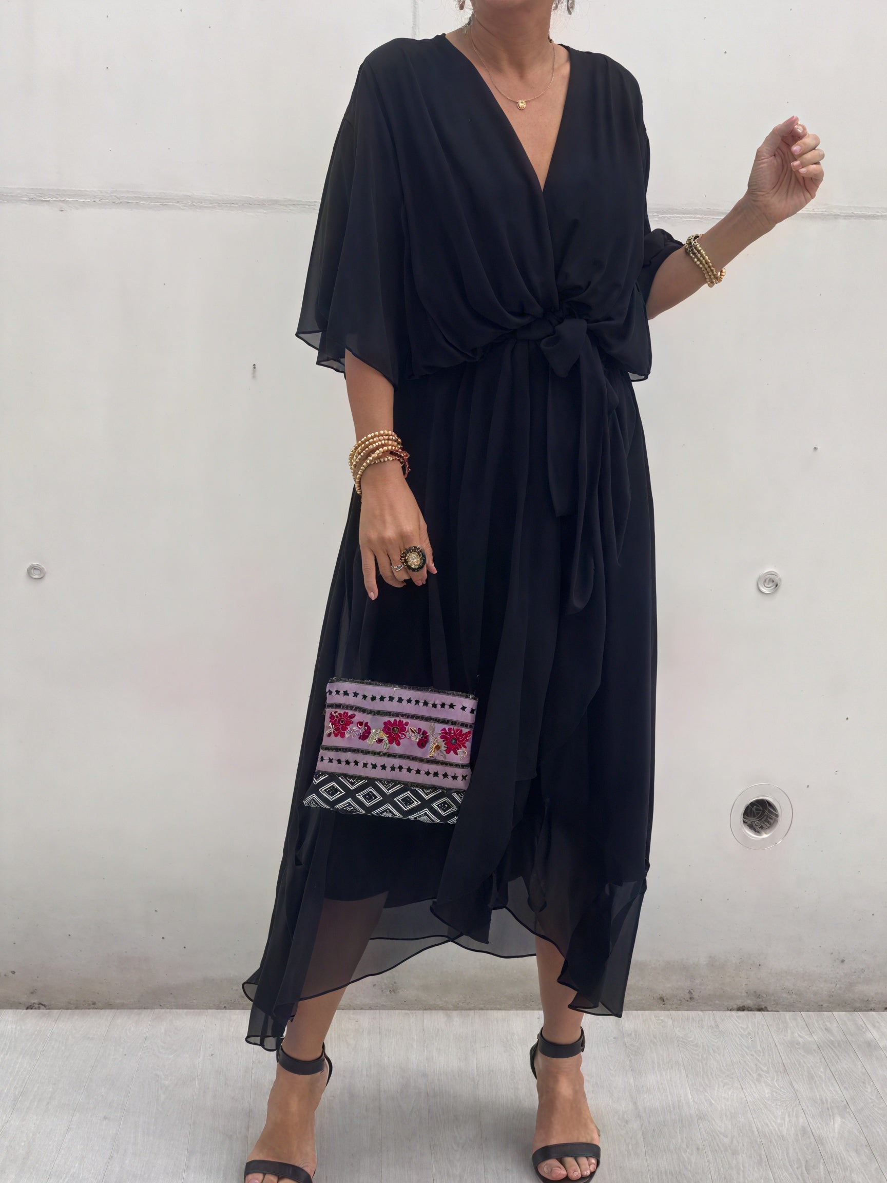 Women's Flowing Midi Dress – Wrap V-Neck, Batwing Sleeves, Asymmetrical Hem-83180-315fe3ca-dfcb-4c43-9794-01a13800fc31