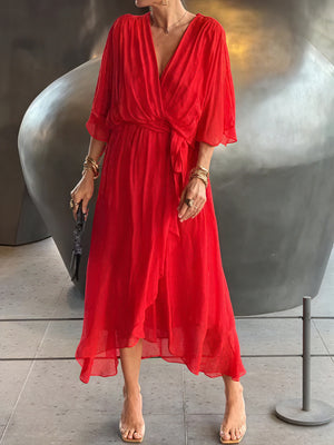 Women's Flowing Midi Dress – Wrap V-Neck, Batwing Sleeves, Asymmetrical Hem-83180-255d9c5f-626a-4092-ab82-7f1810d67f52