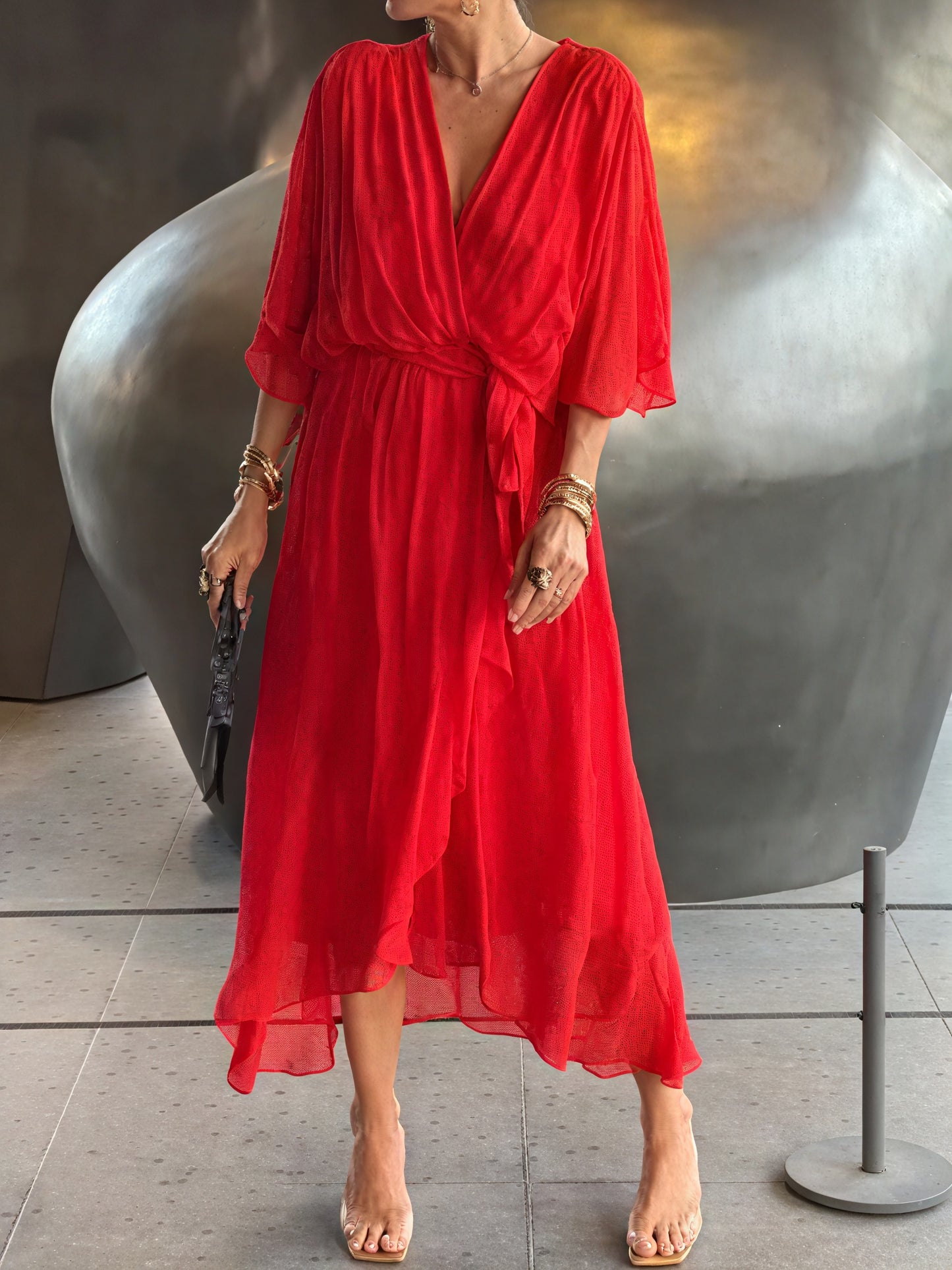 Women's Flowing Midi Dress – Wrap V-Neck, Batwing Sleeves, Asymmetrical Hem-83180-255d9c5f-626a-4092-ab82-7f1810d67f52