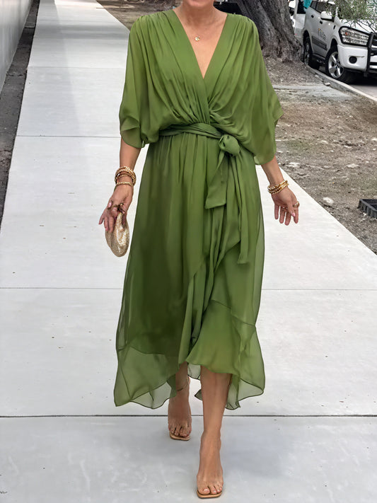 Women's Flowing Midi Dress – Wrap V-Neck, Batwing Sleeves, Asymmetrical Hem-83180-cbee0f48-877b-403f-99c6-40a255de5f92