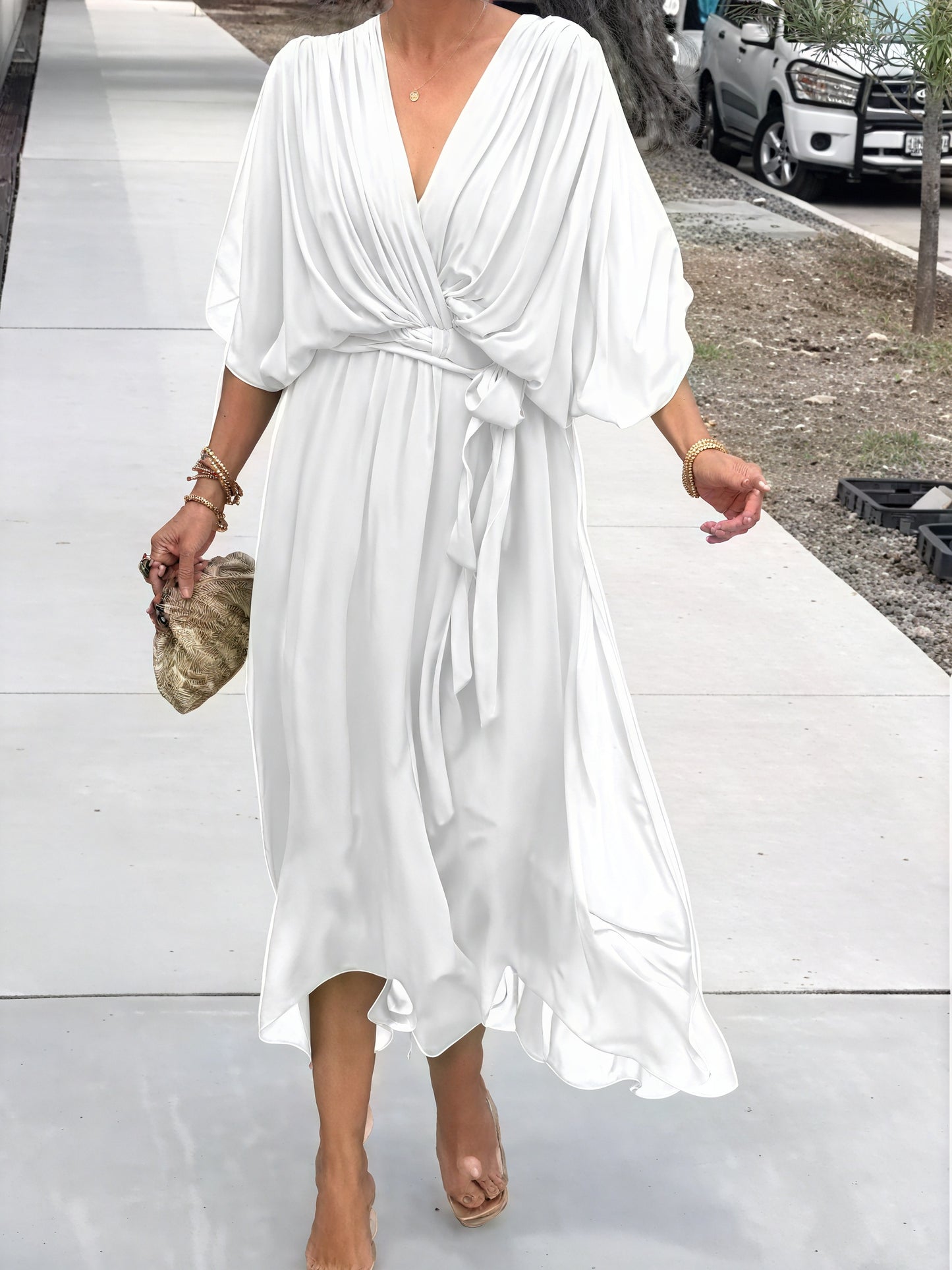 Women's Flowing Midi Dress – Wrap V-Neck, Batwing Sleeves, Asymmetrical Hem-83180-e2e3b364-8671-43f7-a79c-8824de4603b1