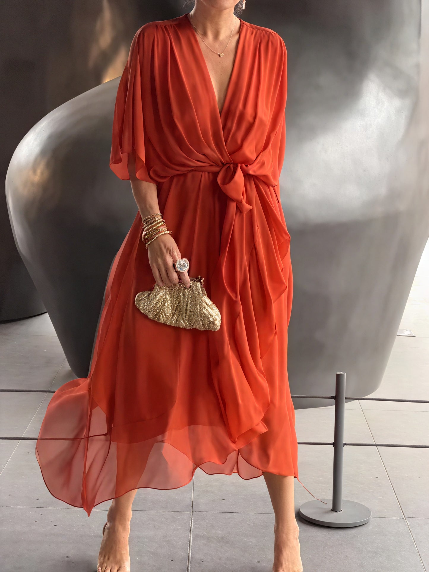 Women's Flowing Midi Dress – Wrap V-Neck, Batwing Sleeves, Asymmetrical Hem-83180-2079317e-29d6-4887-b935-b0632af5a20a
