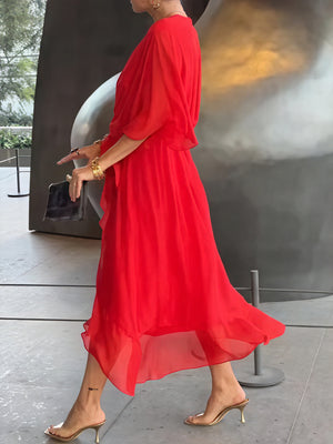 Women's Flowing Midi Dress – Wrap V-Neck, Batwing Sleeves, Asymmetrical Hem-83180-5d7292db-f070-431e-a6d4-0bb375081823