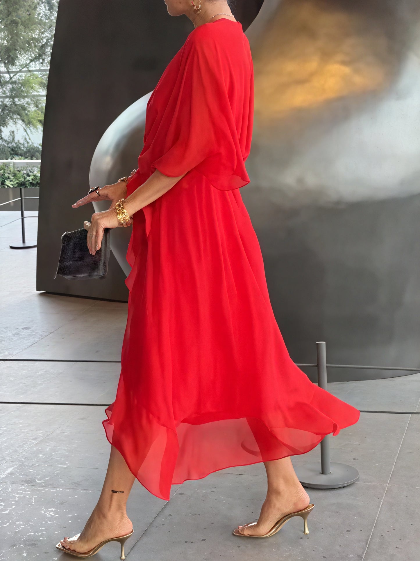 Women's Flowing Midi Dress – Wrap V-Neck, Batwing Sleeves, Asymmetrical Hem-83180-5d7292db-f070-431e-a6d4-0bb375081823