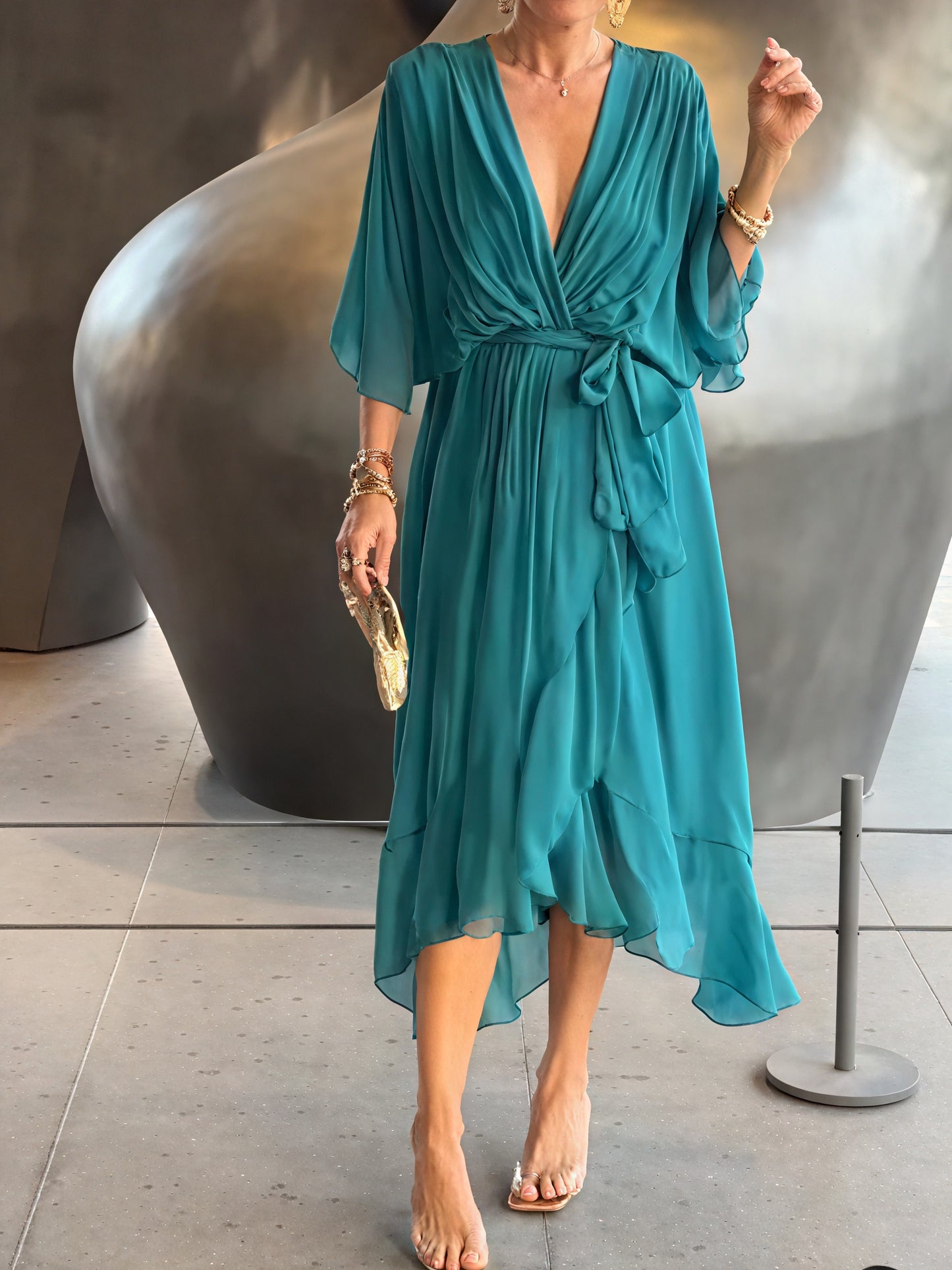 Women's Flowing Midi Dress – Wrap V-Neck, Batwing Sleeves, Asymmetrical Hem-83180-1c105b19-c12a-4922-9bd1-bea0f75b7243