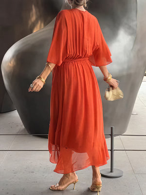 Women's Flowing Midi Dress – Wrap V-Neck, Batwing Sleeves, Asymmetrical Hem-83180-857e8c8b-2079-4372-a9b7-13057a8be771