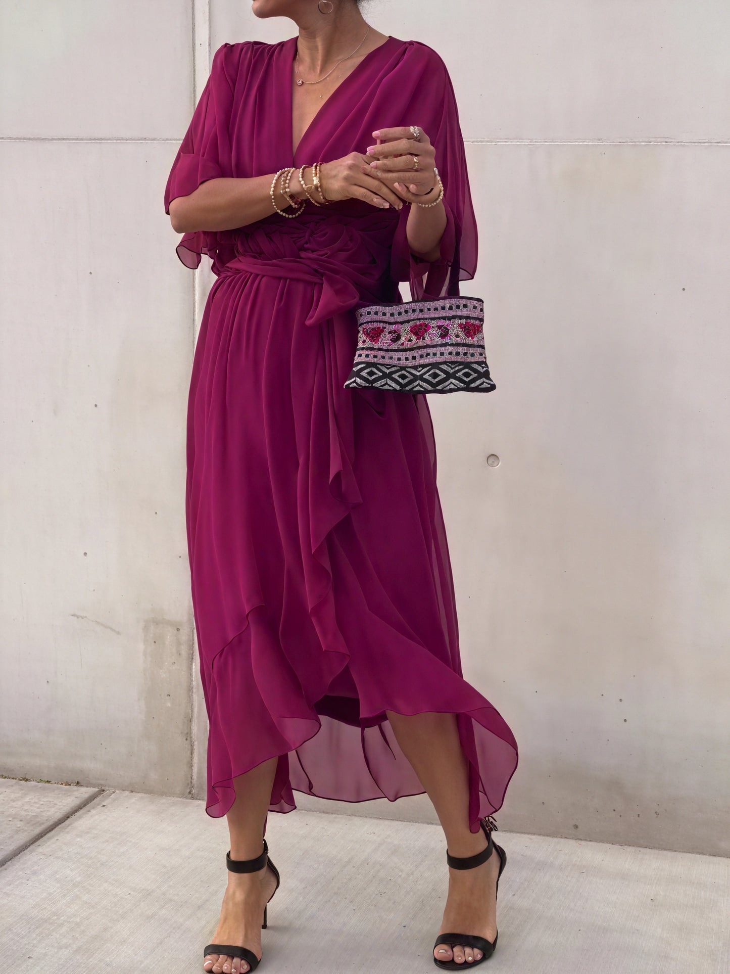 Women's Flowing Midi Dress – Wrap V-Neck, Batwing Sleeves, Asymmetrical Hem-83180-7118ea5a-8c8a-4e40-b6bc-451459ded8c7