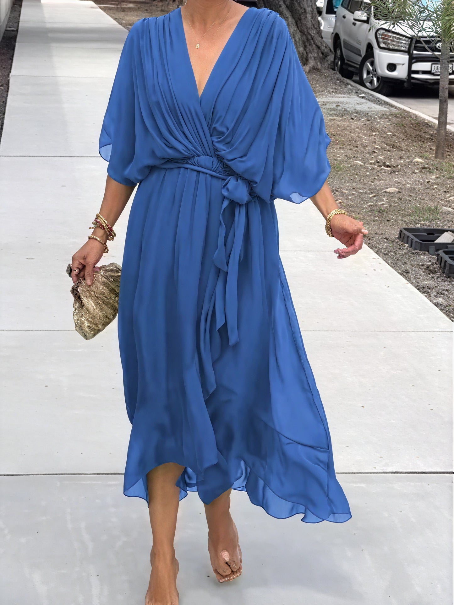 Women's Flowing Midi Dress – Wrap V-Neck, Batwing Sleeves, Asymmetrical Hem-83180-1ce2c188-de84-45e5-a37f-55e50171496e
