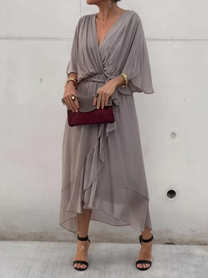 Women's Flowing Midi Dress – Wrap V-Neck, Batwing Sleeves, Asymmetrical Hem-83180-ebeb4afb-5cdd-48a0-8da2-c8bc550871ad