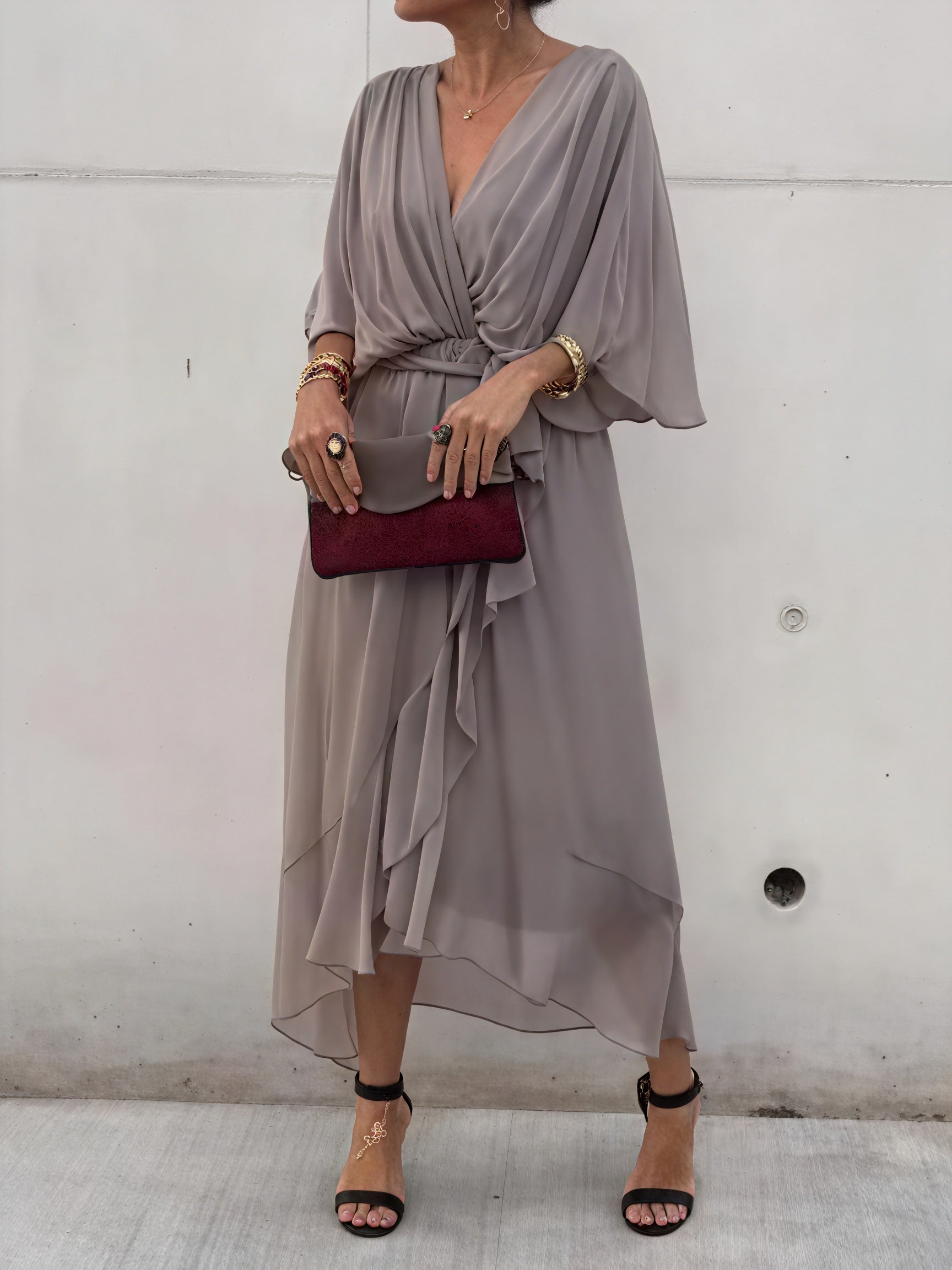 Women's Flowing Midi Dress – Wrap V-Neck, Batwing Sleeves, Asymmetrical Hem-83180-ebeb4afb-5cdd-48a0-8da2-c8bc550871ad