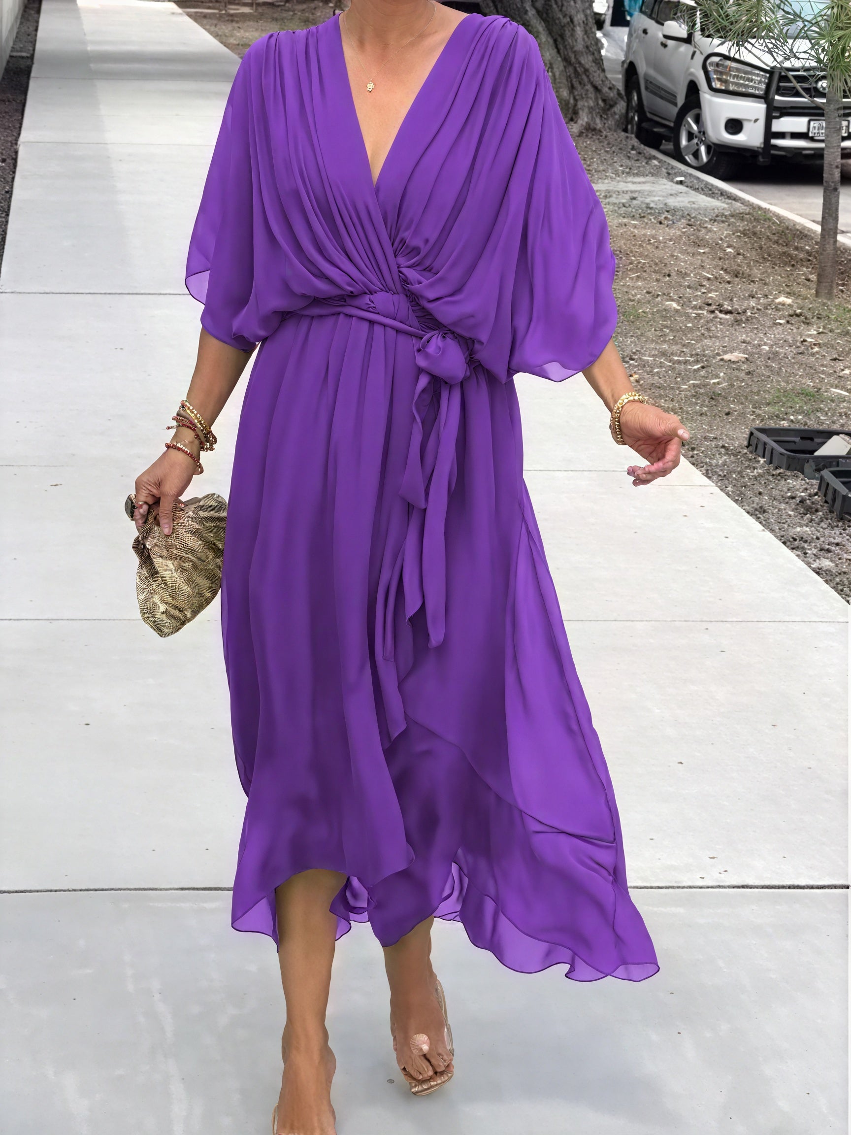 Women's Flowing Midi Dress – Wrap V-Neck, Batwing Sleeves, Asymmetrical Hem-83180-1b8e99ec-f28c-4791-8990-3143bd002cc8