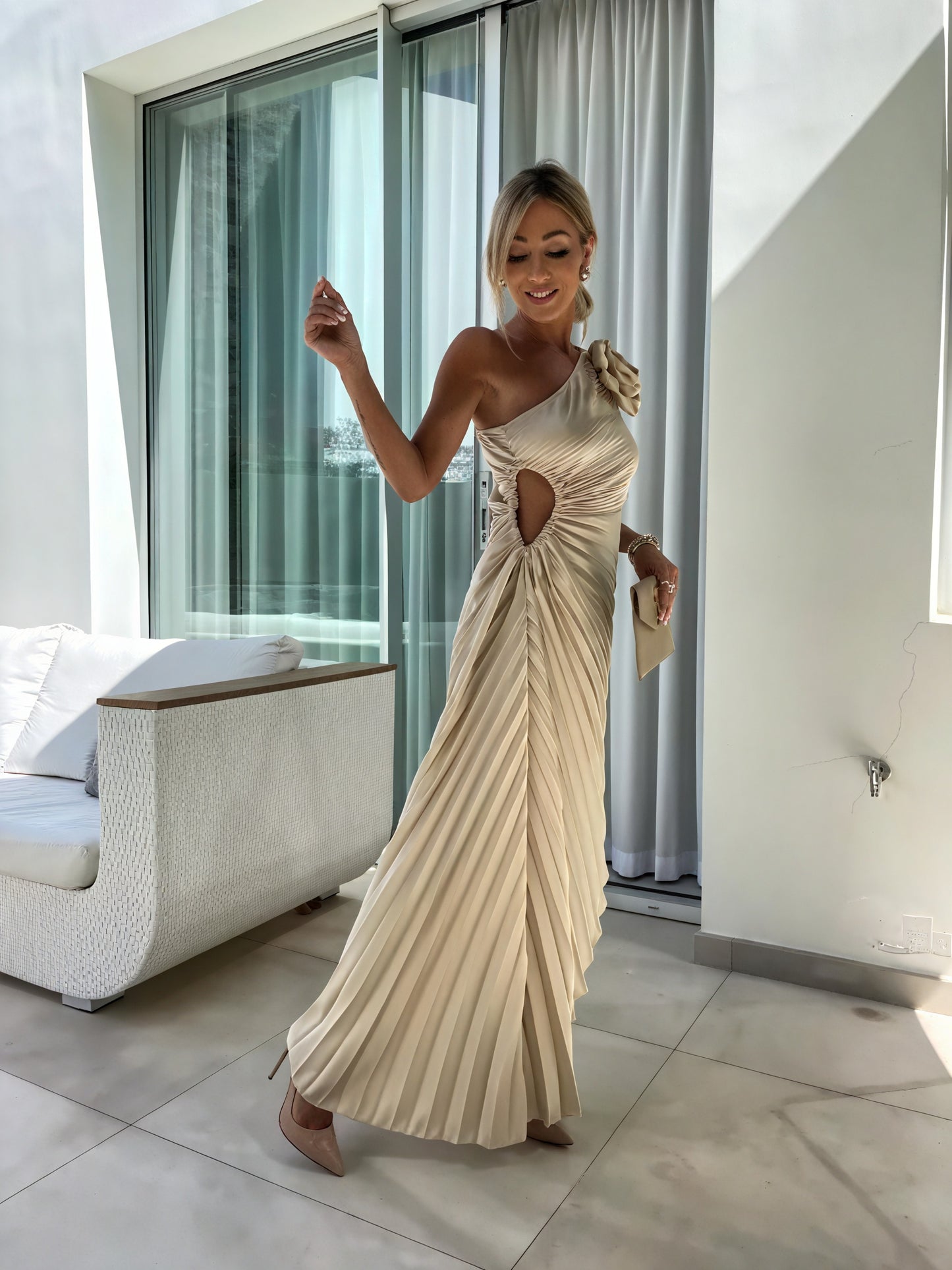 Women's One-Shoulder Floral Pleated Midi Maxi Dress - Satin Polyester-83183-586b6342-6ebe-46a9-8818-5ace9e86d09d