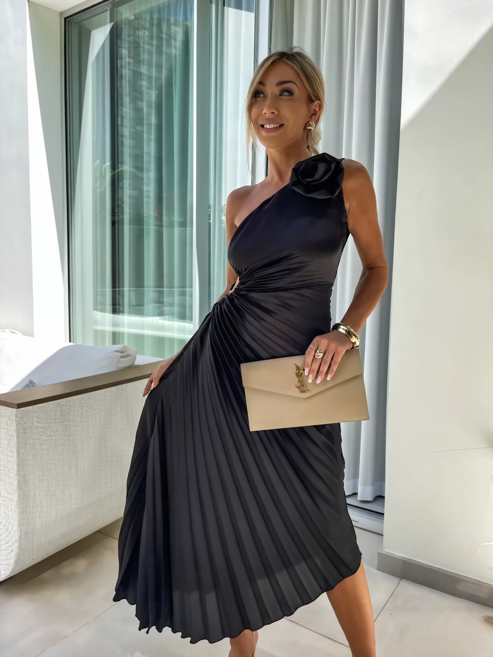 Women's One-Shoulder Floral Pleated Midi Maxi Dress - Satin Polyester-83183-f7b19564-72d6-4fc3-9e3c-4991f25a9dc5