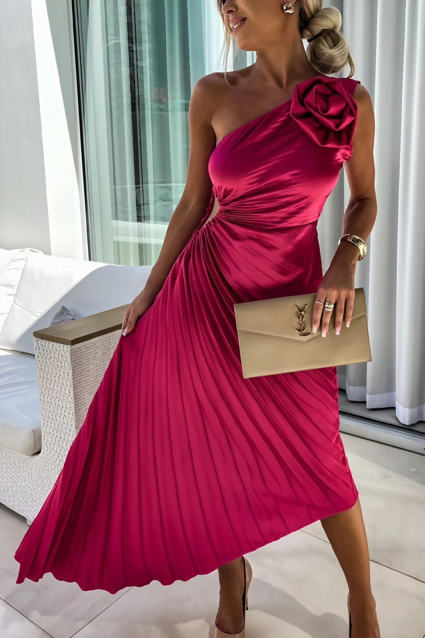 Women's One-Shoulder Floral Pleated Midi Maxi Dress - Satin Polyester-83183-543d2384-4d7f-4f7f-852a-ce94fe61b92e