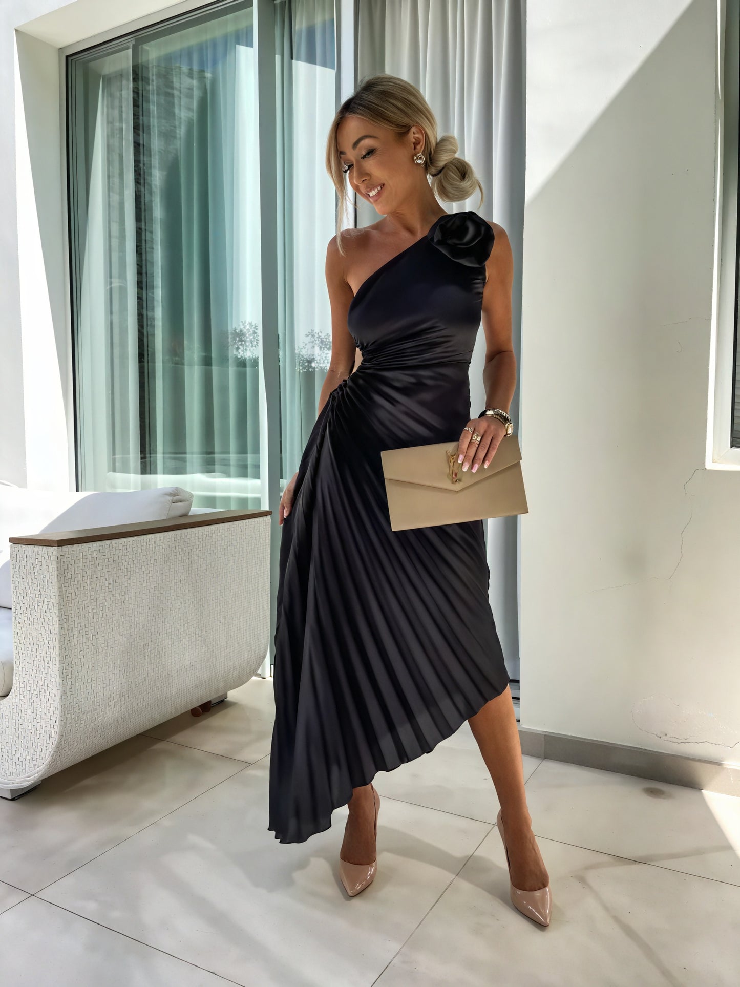 Women's One-Shoulder Floral Pleated Midi Maxi Dress - Satin Polyester-83183-e9d9f467-b8be-438b-a7ad-7060d29aeef4