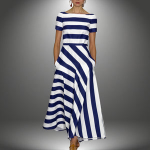 Women's Striped A-Line Midi Dress – Boat Neck, Short Sleeve, Pockets, Silk Blend-83186-a42676b6-5608-46cf-ad96-caf32cc3cb0d