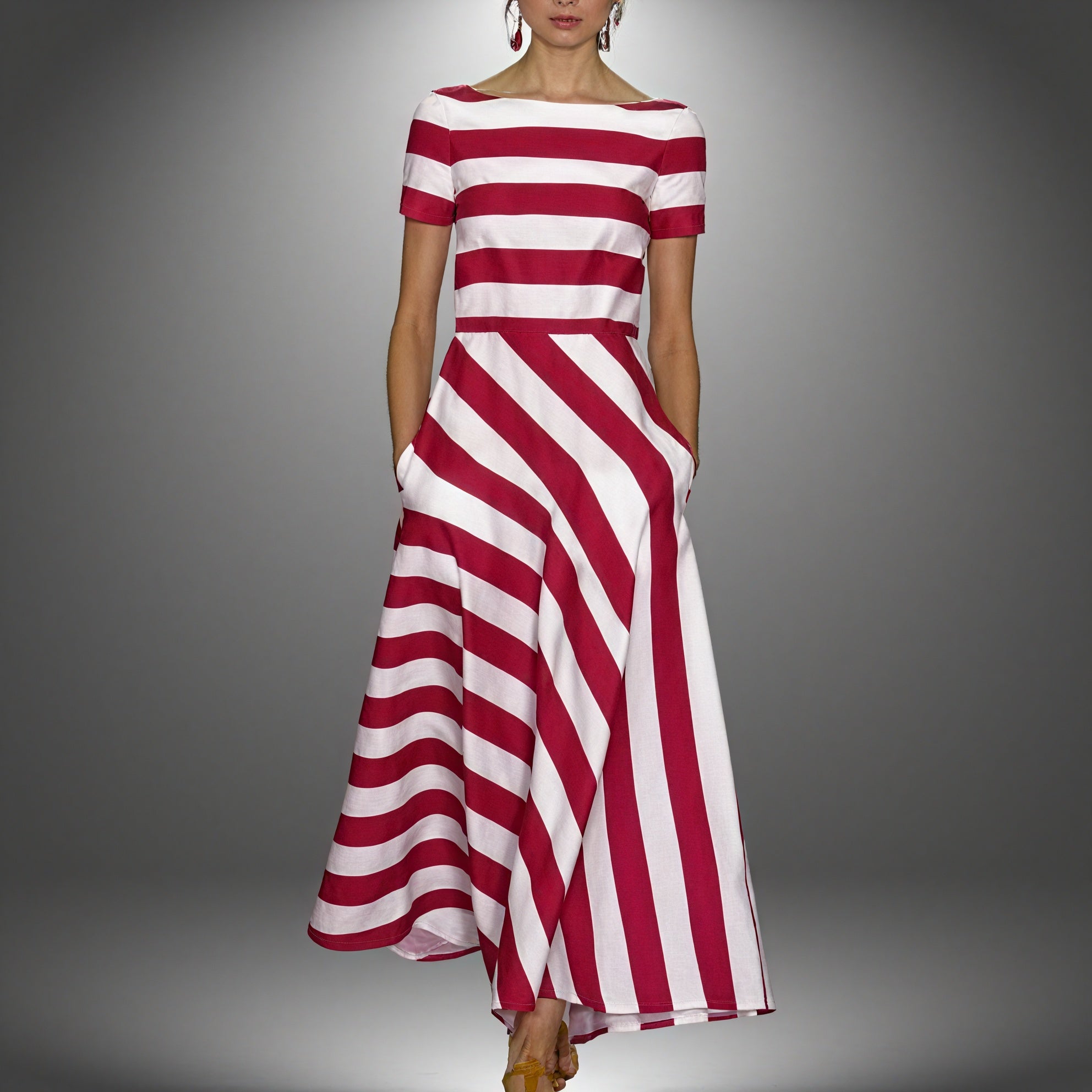 Women's Striped A-Line Midi Dress – Boat Neck, Short Sleeve, Pockets, Silk Blend-83186-d4544110-07c9-4fd3-b6a0-638682162510