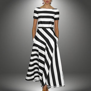 Women's Striped A-Line Midi Dress – Boat Neck, Short Sleeve, Pockets, Silk Blend-83186-80698b92-9090-48fe-91f3-fc8bc152c889