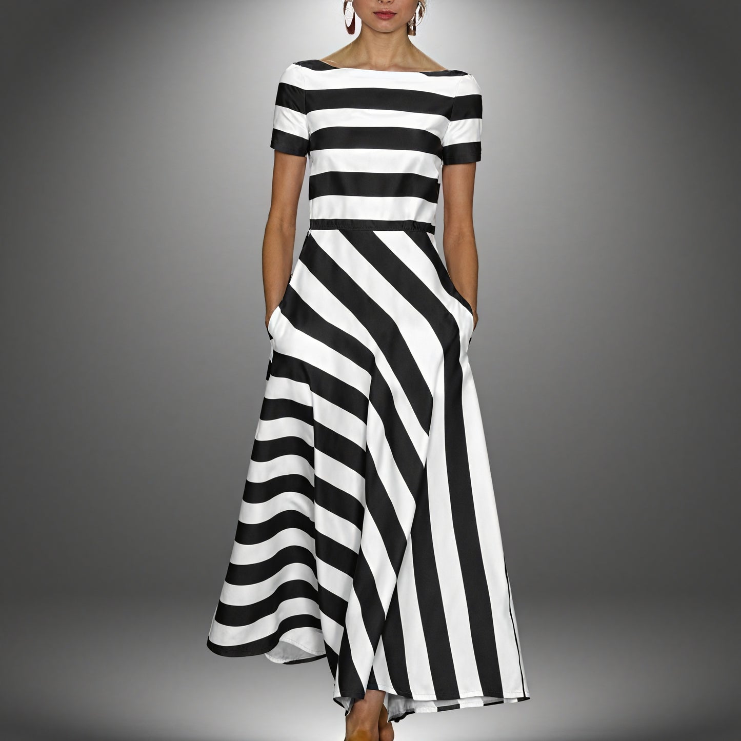 Women's Striped A-Line Midi Dress – Boat Neck, Short Sleeve, Pockets, Silk Blend-83186-80698b92-9090-48fe-91f3-fc8bc152c889