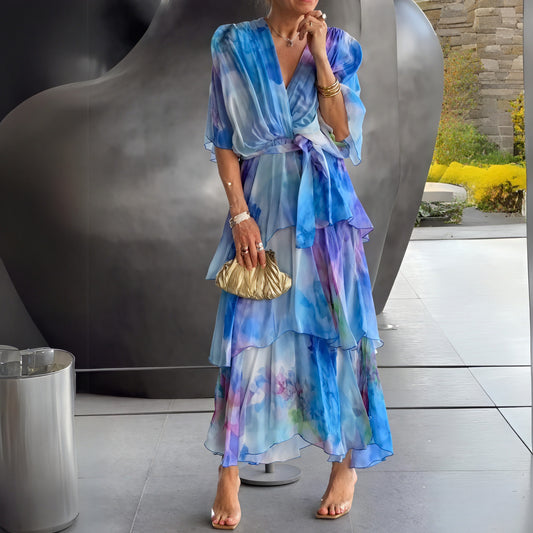 Women's Blue Chiffon Maxi Dress – Watercolor Print, Wrap Bodice, Tiered Skirt, Billowy Sleeves-83187-4fa6024d-4ee3-4305-9892-4b53e10a4cea