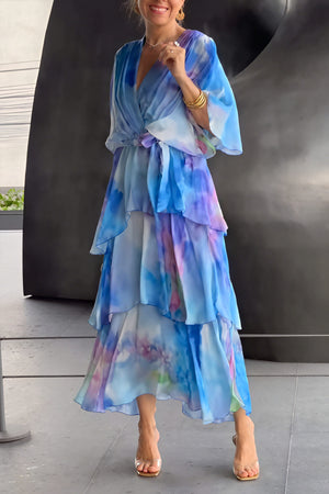 Women's Blue Chiffon Maxi Dress – Watercolor Print, Wrap Bodice, Tiered Skirt, Billowy Sleeves-83187-defbabfa-6413-4120-a8ba-dc7bdc041401