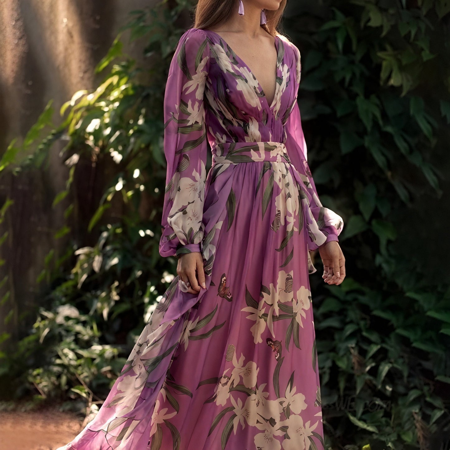 Women's Maxi Dress – Purple Silk Floral Print V-Neck Long Sleeve Flowing, Bohemian Elegant-83189-7d96a521-94dc-47f4-be7b-a485cbe12c89