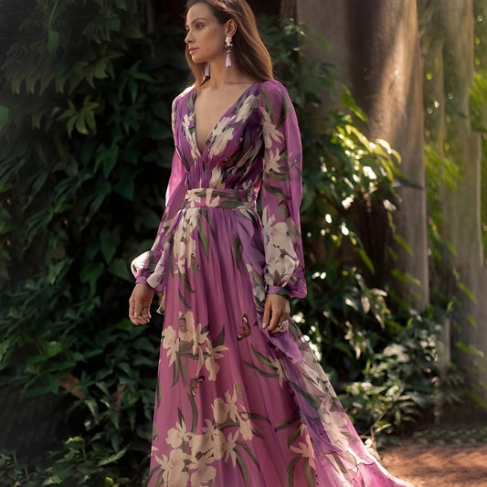 Women's Maxi Dress – Purple Silk Floral Print V-Neck Long Sleeve Flowing, Bohemian Elegant-83189-be02f6c1-ce42-45f8-a793-9b18f4867267