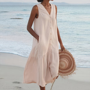 Women's Sleeveless Midi Dress - V-Neck, Button-Down, Pockets, Tiered A-Line, Linen Blend-83194-030a4729-e959-4a44-b11a-3d88c70c59bc