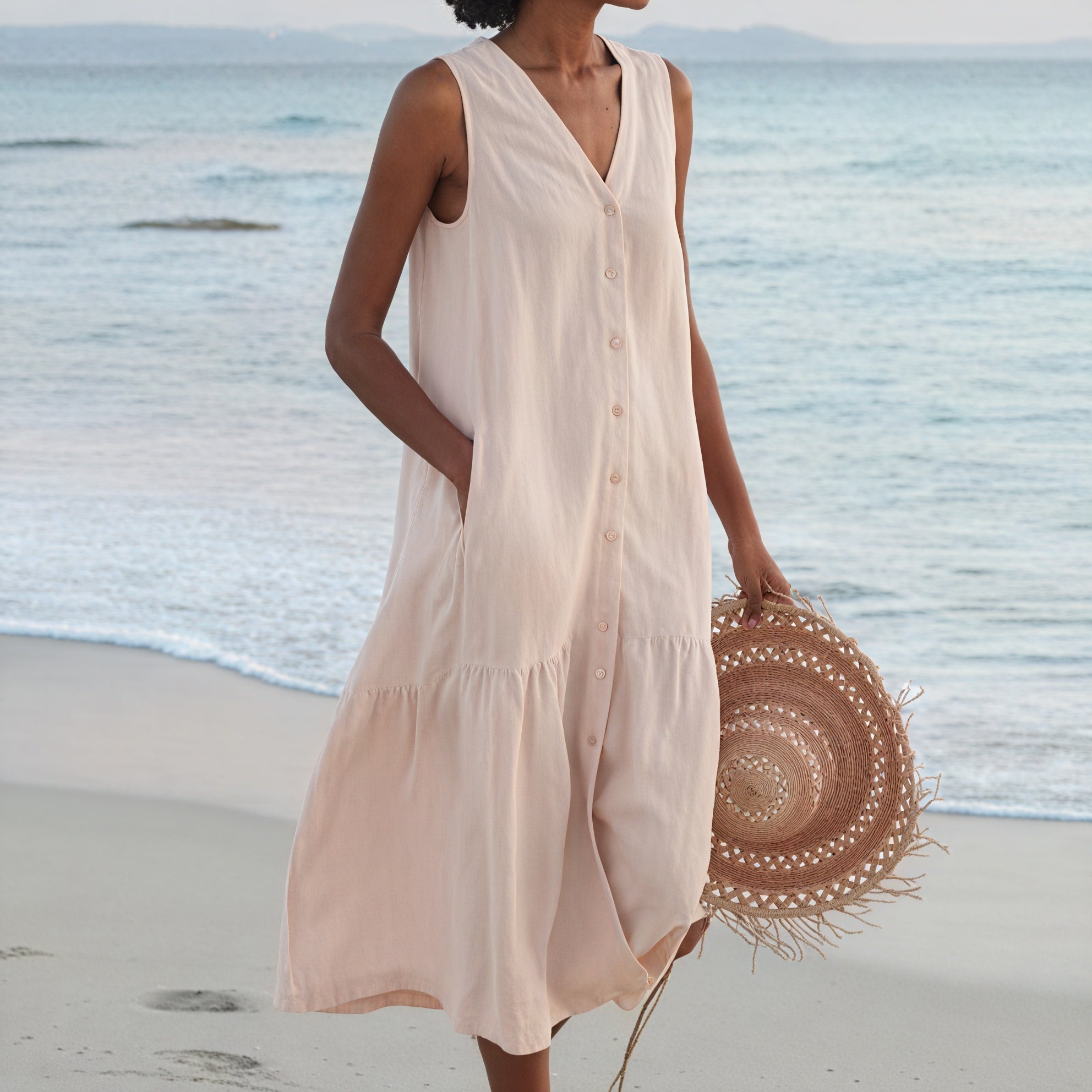 Women's Sleeveless Midi Dress - V-Neck, Button-Down, Pockets, Tiered A-Line, Linen Blend-83194-030a4729-e959-4a44-b11a-3d88c70c59bc