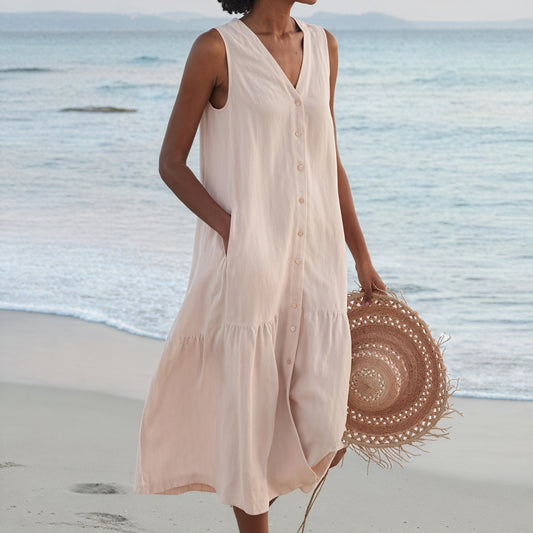 Women's Sleeveless Midi Dress - V-Neck, Button-Down, Pockets, Tiered A-Line, Linen Blend-83194-030a4729-e959-4a44-b11a-3d88c70c59bc
