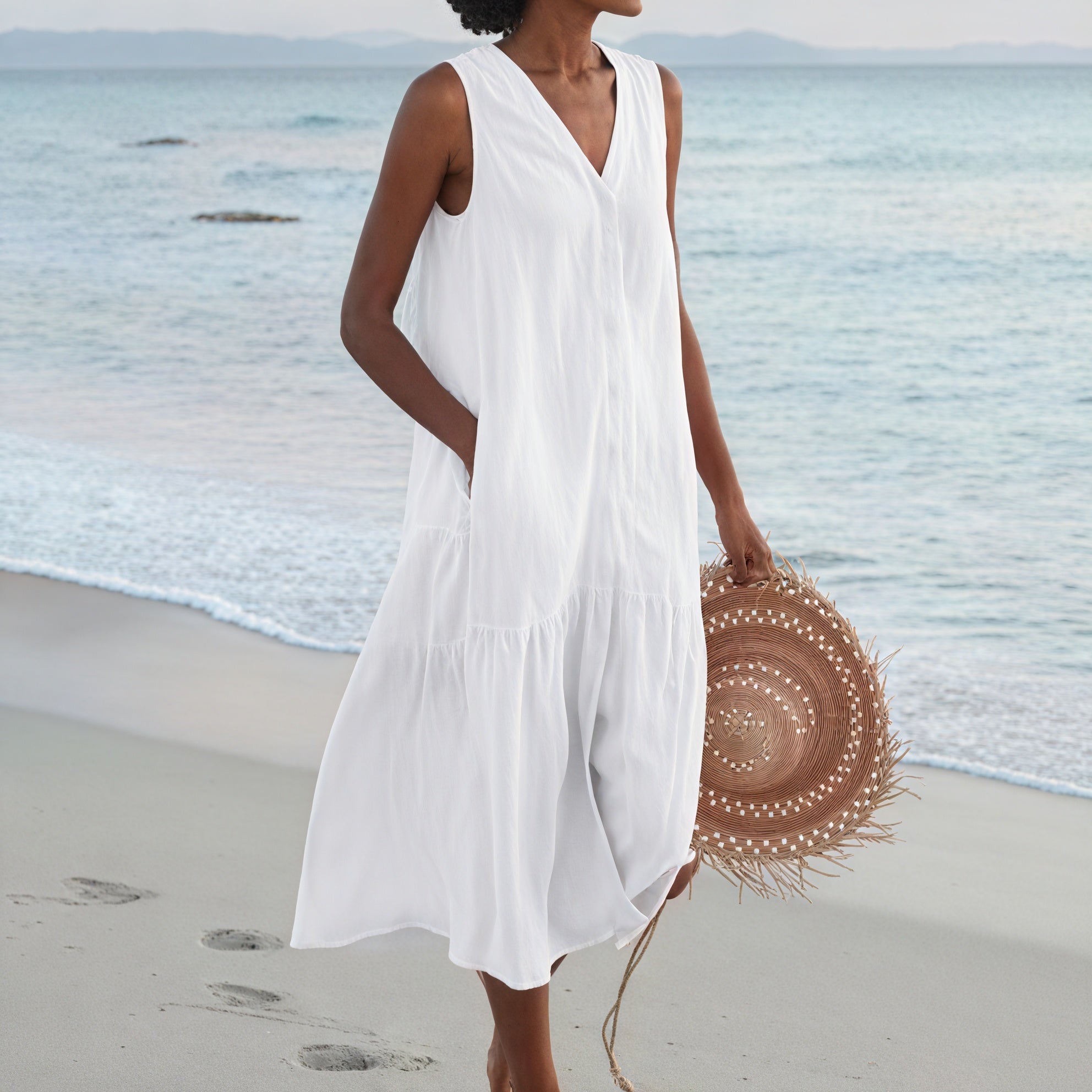 Women's Sleeveless Midi Dress - V-Neck, Button-Down, Pockets, Tiered A-Line, Linen Blend-83194-fafc1e9e-7b86-4b1a-bb6e-cd7f9df3f91e