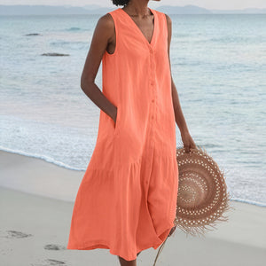 Women's Sleeveless Midi Dress - V-Neck, Button-Down, Pockets, Tiered A-Line, Linen Blend-83194-45ff986c-c1a8-42c1-9282-d877f565b07c