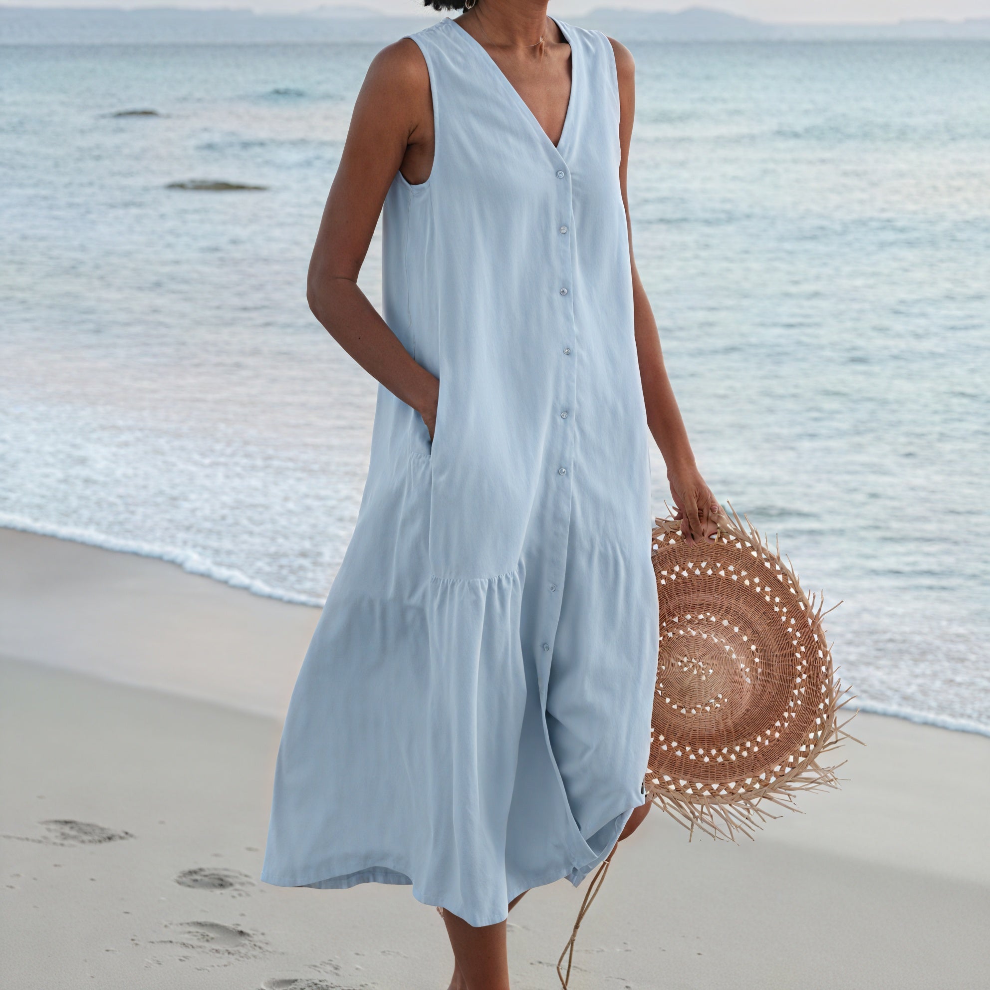 Women's Sleeveless Midi Dress - V-Neck, Button-Down, Pockets, Tiered A-Line, Linen Blend-83194-45e53ca5-8ec7-44e5-aeb0-ca25aa93161f